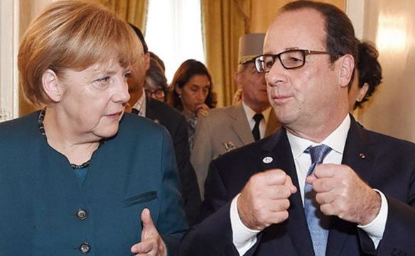 
Preşedintele francez Francois Hollande (dr) cancelarul german Angela Merkel.