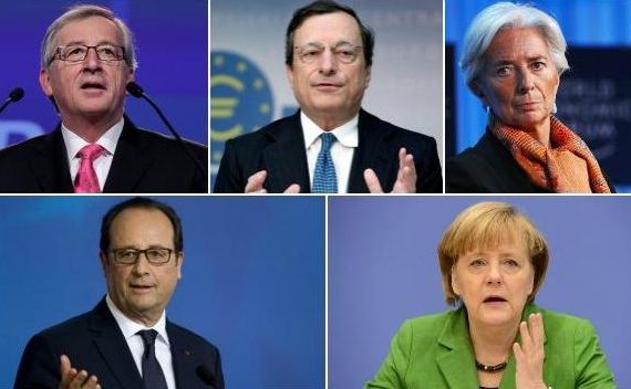 (De la st la dreapta) Jean-Claude Juncker, Mario Draghi, Christine Lagarde, Francois Hollande şi Angela Merkel. (Captură Foto)