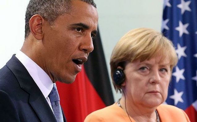 Preşedintele american Barack Obama (st) şi cancelarul german Angela Merkel. (Captură Foto)