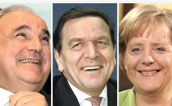Helmut Kohl (st), Gerhard Schroder (centru) şi Angela Merkel. (Captură Foto)