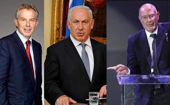 (De la stânga la dreapta) fostul premier britanic Tony Blair, premierul israelian Benjamin Netanyahu şi producătorul de filme Arnon Milchan de la Hollywood. (Captură Foto)