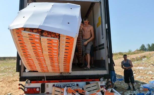 Muncitori ruşi aruncă piersici dintr-un camion în afara oraşului Novozibkov, 7 august 2015. (Captură Foto)