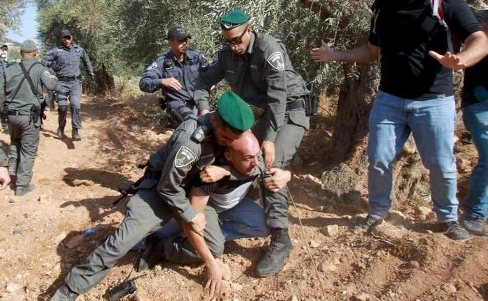 Forţele israeliene arestează un manifestant palestintian care a încercat să ajungă la utilajele folosite pentru construirea unui controversat zid de separare in Valea Cremisan, situată între Cisiordania şi Ierusalim, 19 august 2015. (Captură Foto)