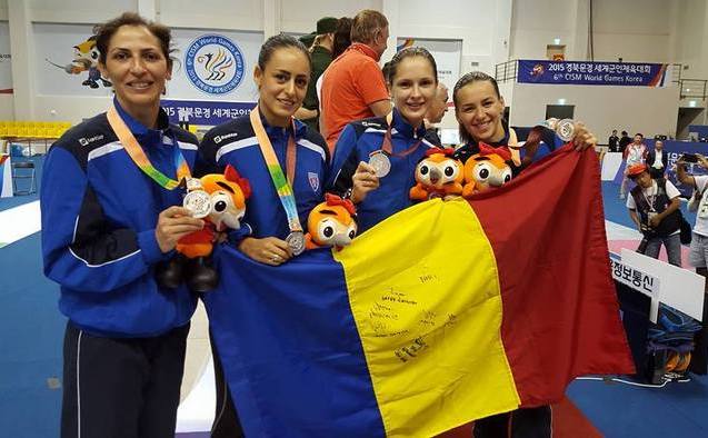 Echipa  de spadă formată din Simona Gherman, Simona Pop, Anca Măroiu şi Maria  Udrea a cucerit medalia de argint la Jocurile Militare de la Mungyeong,  Coreea de Sud