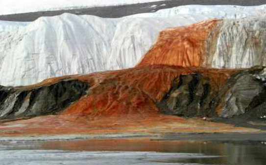 Concentraţia mare de fier îngropat sub masivul gheţar Taylor, din Antarctica, produce un curios şi spectacular efect de sângerare. (Google.com)