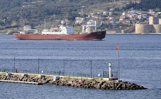 Navă a Marinei ruseşti traverseaza Strâmtoarea Dardanele în timpul tensiunilor dintre Turcia şi Rusia.