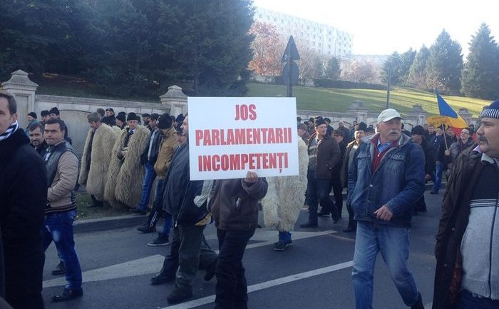 Ciobani protestand in fata Parlamentului (Loredana Diacu/ Epoch Times Romania)