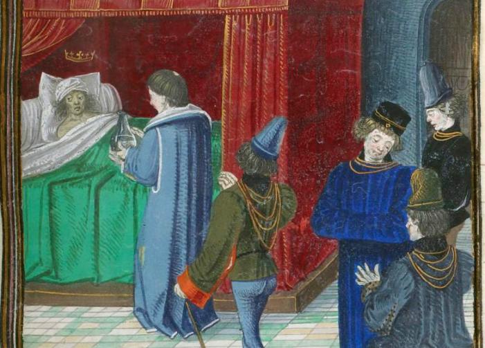 Carol al VI-lea imobilizat la pat şi doctorul lui. Miniatură, în jurul anilor 1470-1475, Paris, BNF, Departamentul Manuscrise, Divisiunea occidentală, Franţa 2646, foaia 164. (wikipedia.fr)
