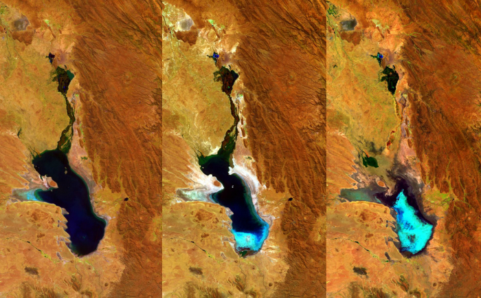 
Trei imagini ale lacului Poopò din Bolivia, capturate de ESA