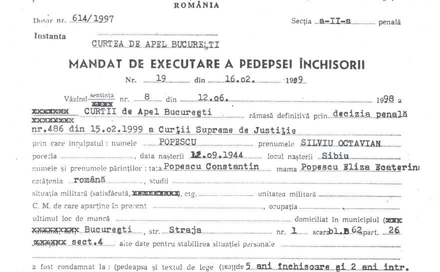 Mandat de executare a pedepsei, Silvian Popescu. (AVMR)