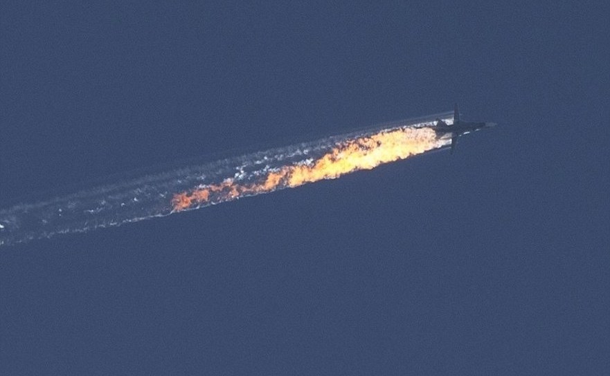 Imagine ce surprinde bombardierul rusesc Su-24 doborât în noiembrie 2015 de către aviaţia turcă.