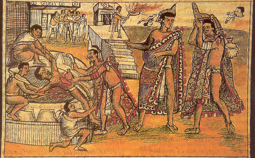 Preoţi azteci participă la un sacrificiu uman la Marele Templu din Tenochtitlan.