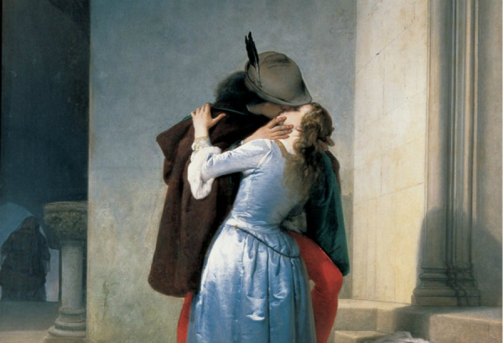 Una dintre cele trei versiuni ale picturii "Il Bacio" de Francesco Hayez