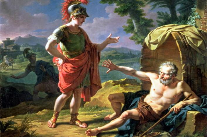Potrivit tradiţiei, Alexandru a fost prieten şi cu filosoful Diogene din Sinope, cinicul. Vizitat de către Alexandru în „vila-butoi” unde locuia şi întrebat: „Eu, Alexandru, împărat al lumii, ce pot să-ţi dau?”, a dat un răspuns memorabil: „Nu poţi tu să-mi dai ceea ce îmi iei: dă-te la o parte din lumina soarelui!” Plin de admiraţie, eroul ar fi zis: „Dacă n-aş fi fost Alexandru, adică un tânăr condamnat să cucerească lumea, aş fi vrut să fiu Diogene, un om liber”.