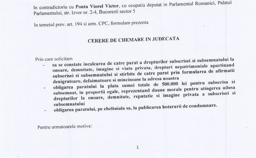 Pagina 1 plângere faţa de Victor Ponta (USR)