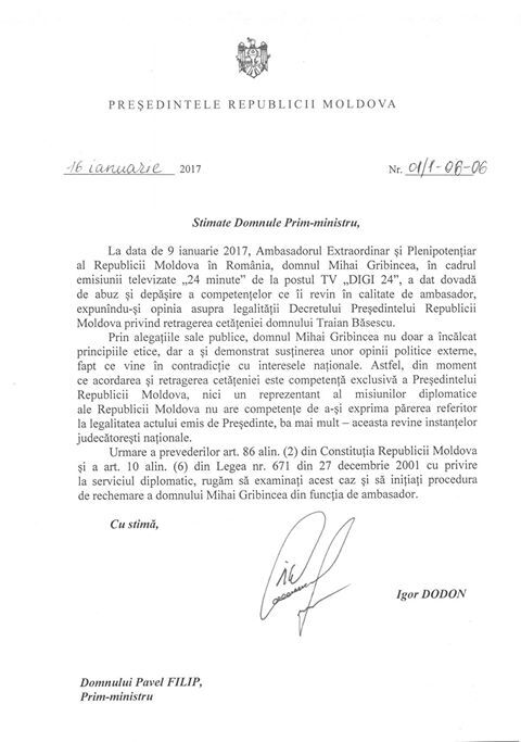 Documentul semnat de Dodon privind rechemarea din funcţie a lui Gribincea (ziarulnational.md)