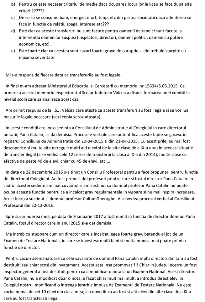 Scrisoarea profesorului Ciobotaru Petre de la Colegiul Naţional Mircea cel Bătrân din Râmnicu Vâlcea, pagina 2 (Facebook)