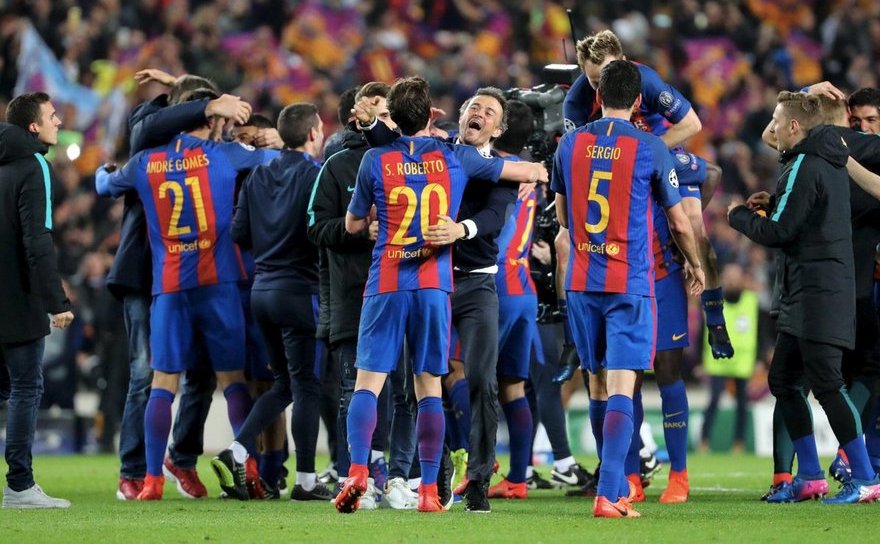 Echipa de fotbal spaniolă FC Barcelona după victoria de senzaţie în faţa francezilor de la PSG, scor 6-1. (Lîga Şhampiyonan/twitter)