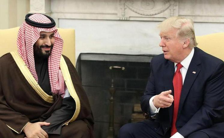 Preşedintele american Donald Trump discută cu prinţul încoronat saudit Mohammed bin Salman în Biroul Oval al Casei Albe, în Washington,  D.C., 14 martie 2017.