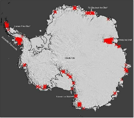 Punctele (în roşu) reprezintă principalele râuri localizate care se scurg spre coasta Antarcticii (Nature)