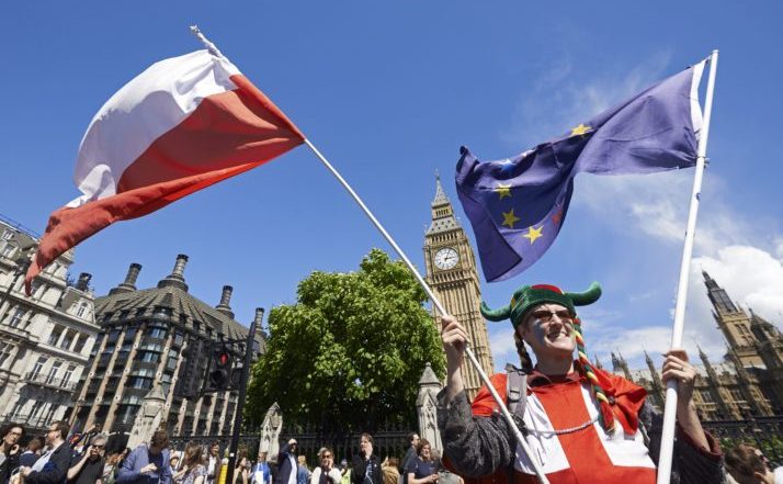 O femeie flutură un steag polonez şi unul UE în Piaţa Parlamentului din Londra.