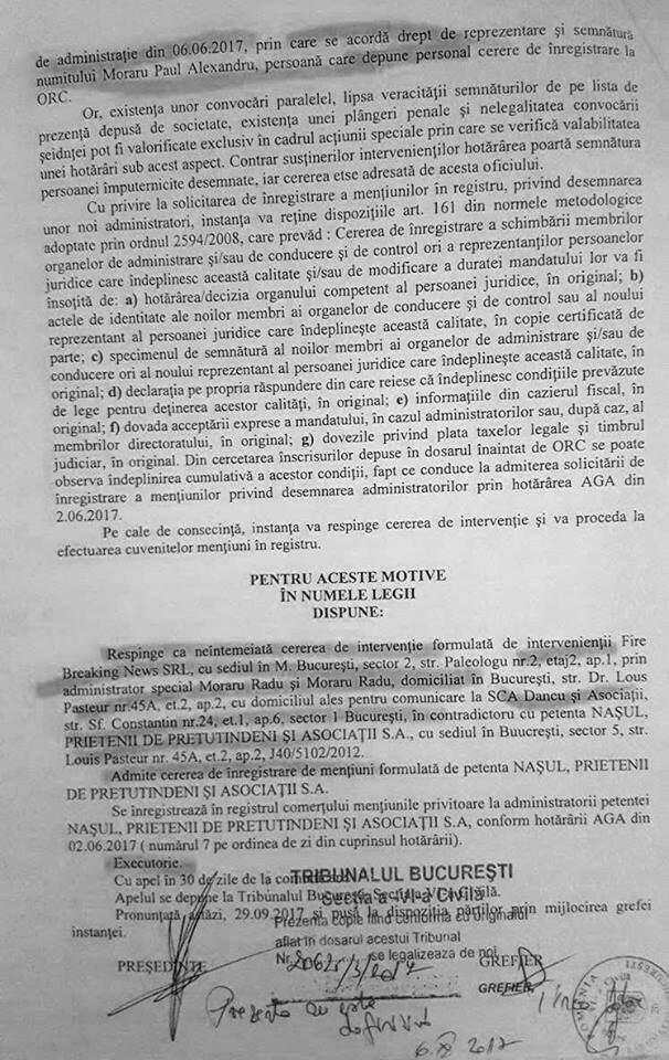 Hotărârea Judecătorească publicată de Paul Alexandru Moraru, pag 4 (Facebook)