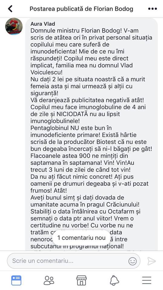 Comentariul unei mame la postarea ministrului Florian Bodog (Vlad Voiculescu)