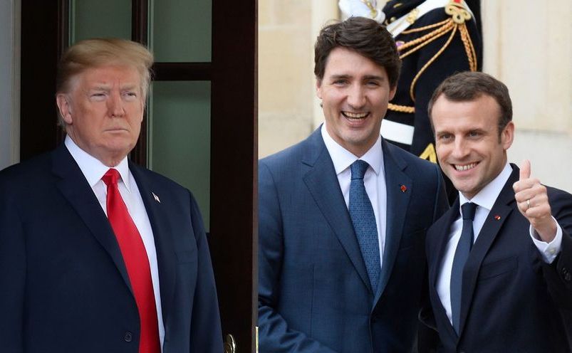 (De la stânga spre dreapta) preşedintele american Donald Trump, premierul canadian Justin Trudeau şi preşedintele francez Emmanuel Macron. (Getty Images)