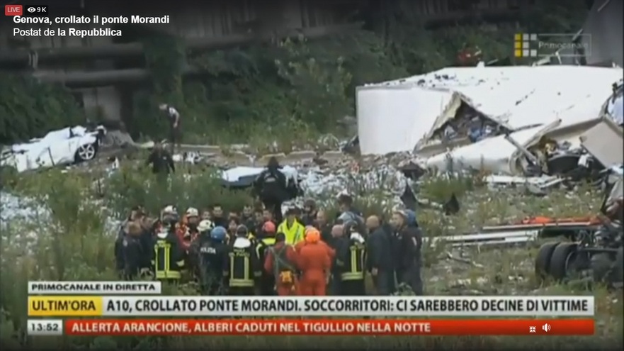 Imagini de la locul dezastrului. Echipele de salvare s-au deplasat la fata locului, acolo unde podul Morandi s-a prabusit pe ambele sensuri de cirulatie, provocand moartea a cel putin 10 persoane.