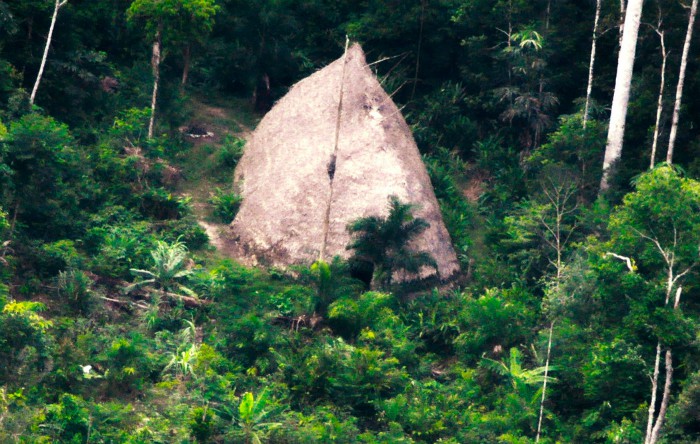 O  vedere aeriană a unei colibe din Ţinuturile Indigene (TI) Vale do Javari, Brazilia