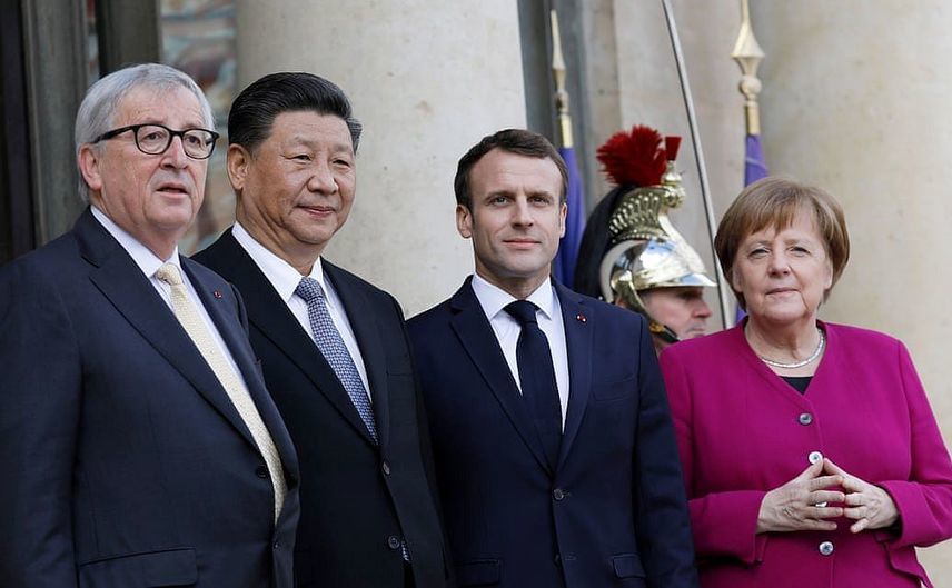 (De la st. la dr.) Jean-Claude Juncker, Xi Jinping, Emmanuel Macron şi Angela Merkel în Paris, 26 martie 2019