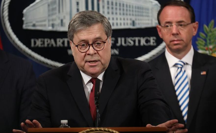 Procurorul general al SUA, William Barr, în timpul unei conferinţe de presă la Departamentul Justiţiei cu ocazia publicării versiunii revizuite a raportului Mueller, 18 aprilie 2019, Washington, D.C.
