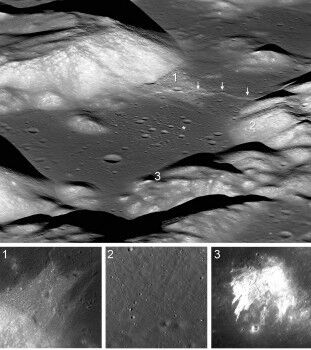 The Taurus-Littrow valley is the location of the Apollo 17 landing site  (asterisk). Cutting across the valley, just above the landing site, is  the Lee-Lincoln fault scarp. Movement on the fault was the likely source  of numerous moonquakes that triggered events in the valley. 1) Large  landslides on of slopes of South Massif draped relatively bright rocks  and dust (regolith) on and over the Lee-Lincoln scarp. 2) Boulders  rolled down the slopes of North Massif leaving tracks or narrow troughs  in the regolith on the slopes of North Massif. 3) Landslides on  southeastern slopes of the Sculptured Hills. (Credits: NASA/GSFC/Arizona State University/Smithsonian)