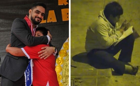 În prima fotografie, omul de afaceri Ahmed Mubarak împreună cu copilul Víctor Martín Angulo; în cea de-a doua fotografie, copilul care citeşte sub lumina unui stâlp pe stradă (Municipalidad de Moche/Facebook)