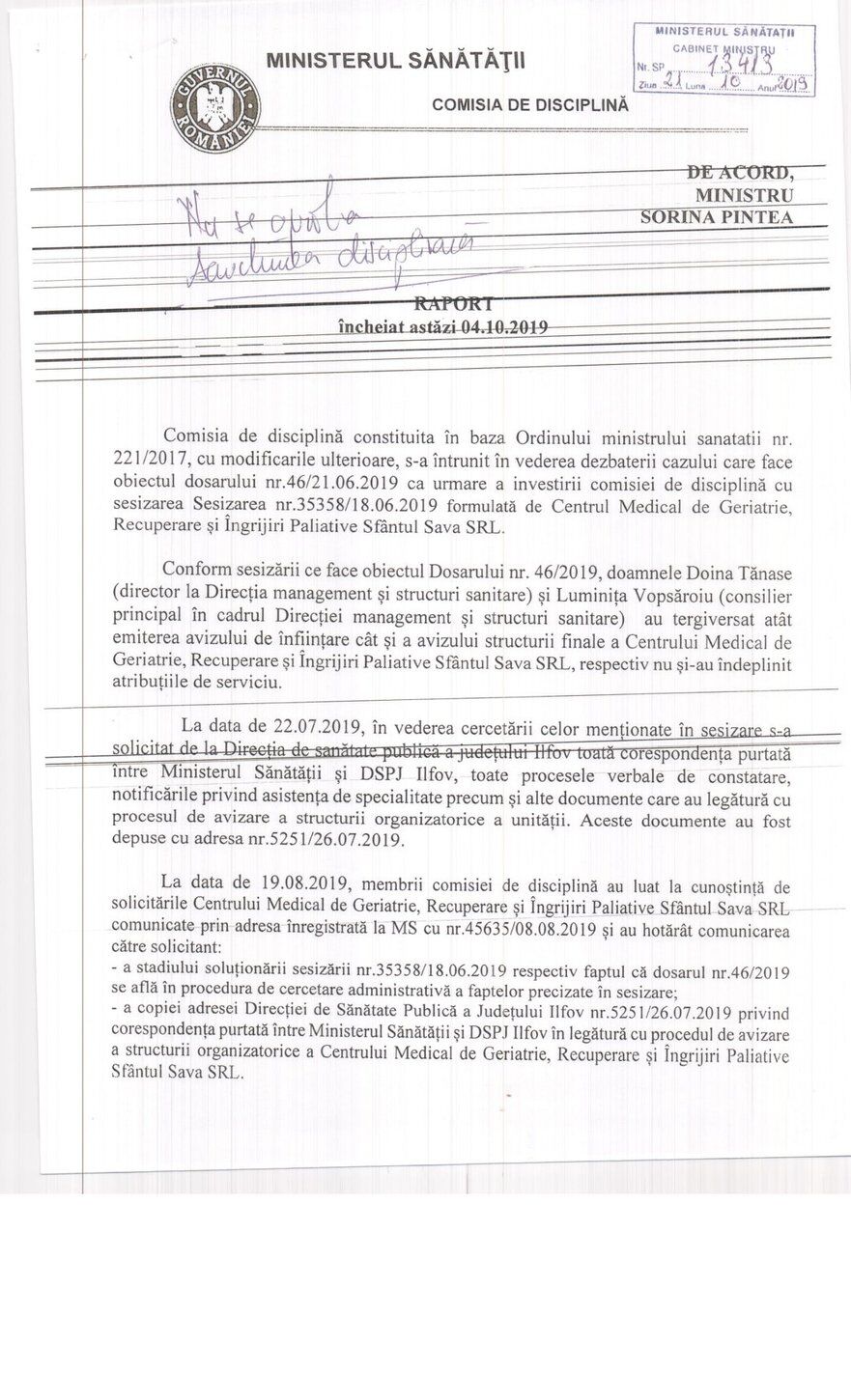 Raportul Comisiei de disciplina emis chiar de Ministerul Sănătăţii (Facebook - Alina Ion)