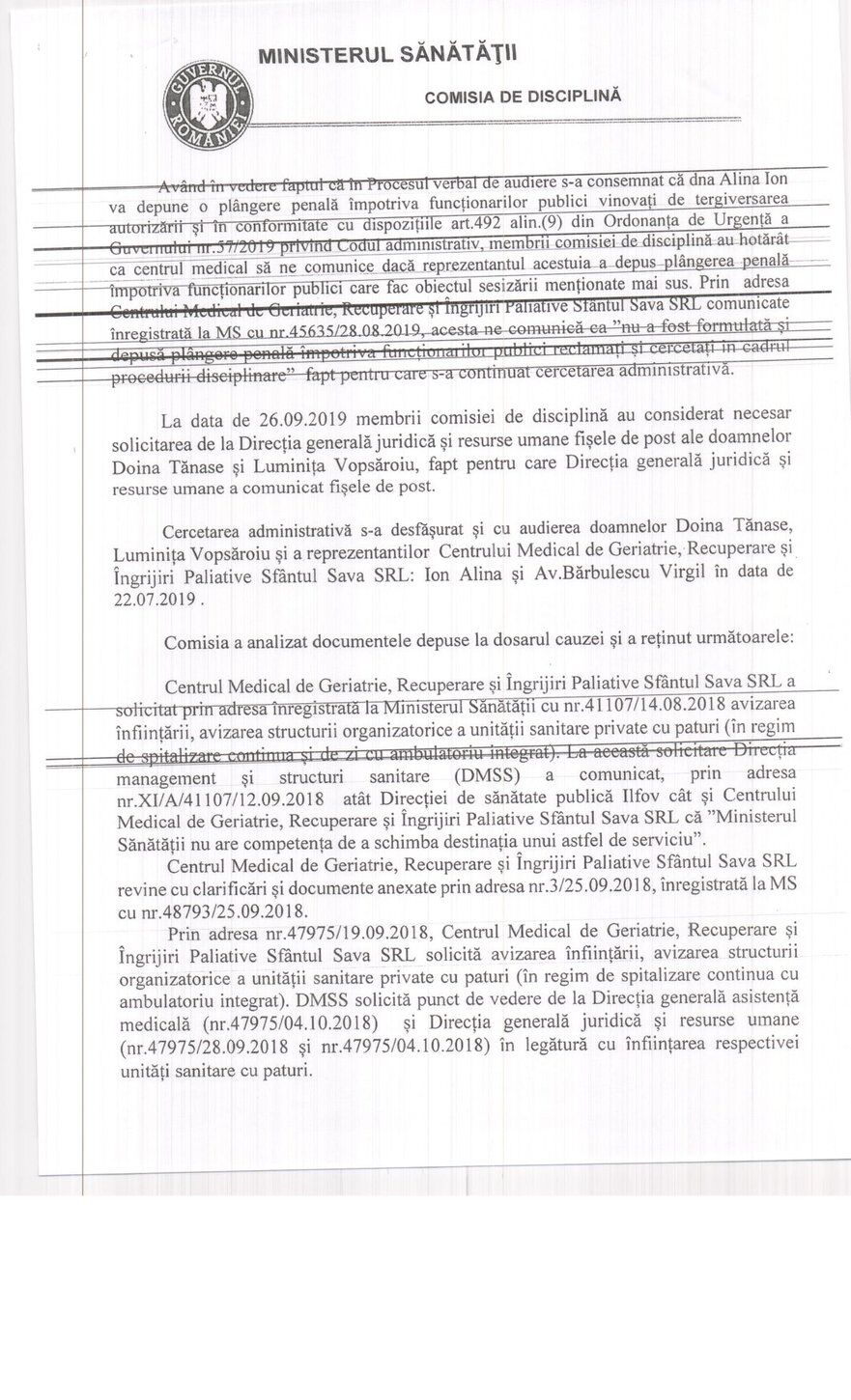 Raportul Comisiei de disciplina emis de Ministerul Sănătăţii (Facebook - Alina Ion)
