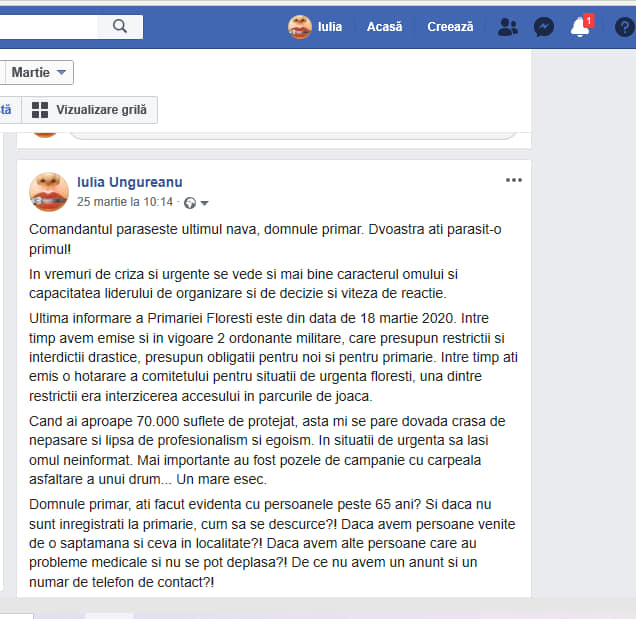 Postarea studentei in care aceasta il critica pe primar (Facebook - Iulia Ungureanu)