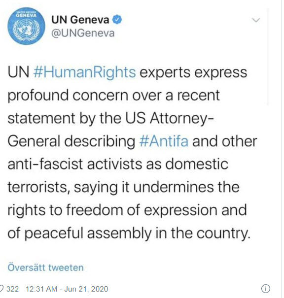 ONU emite un tweet criticând intenţia administraţiei Trump de a plasa Antifa pe lista organizaţiilor teroriste (Captură ecran Twitter)