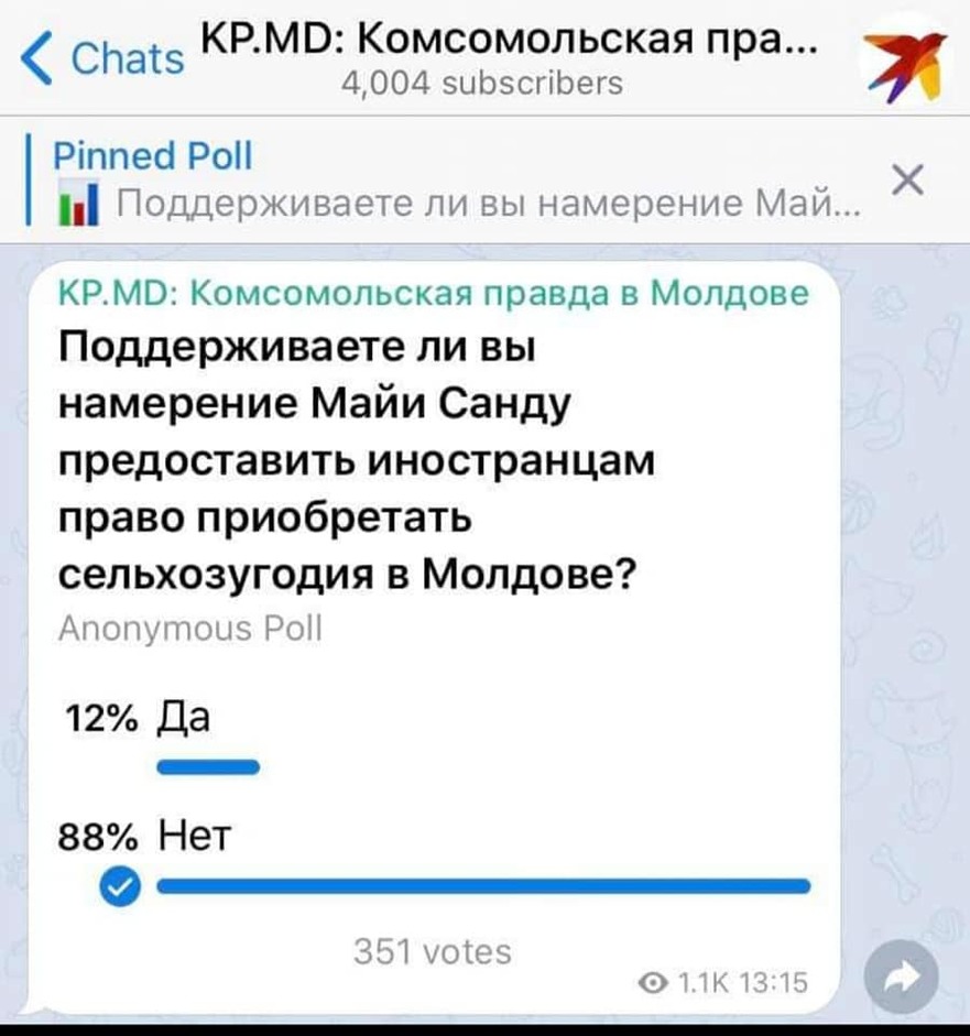 Aşa zis sondaj apărut în Komsomolskaia Pravda, în care oamenii sunt întrebaţi dacă susţin intenţia Maiei Sandu de a permite străinilor să deţină pământuri în Moldova (facebook.com / Sergiu Litvinenco)