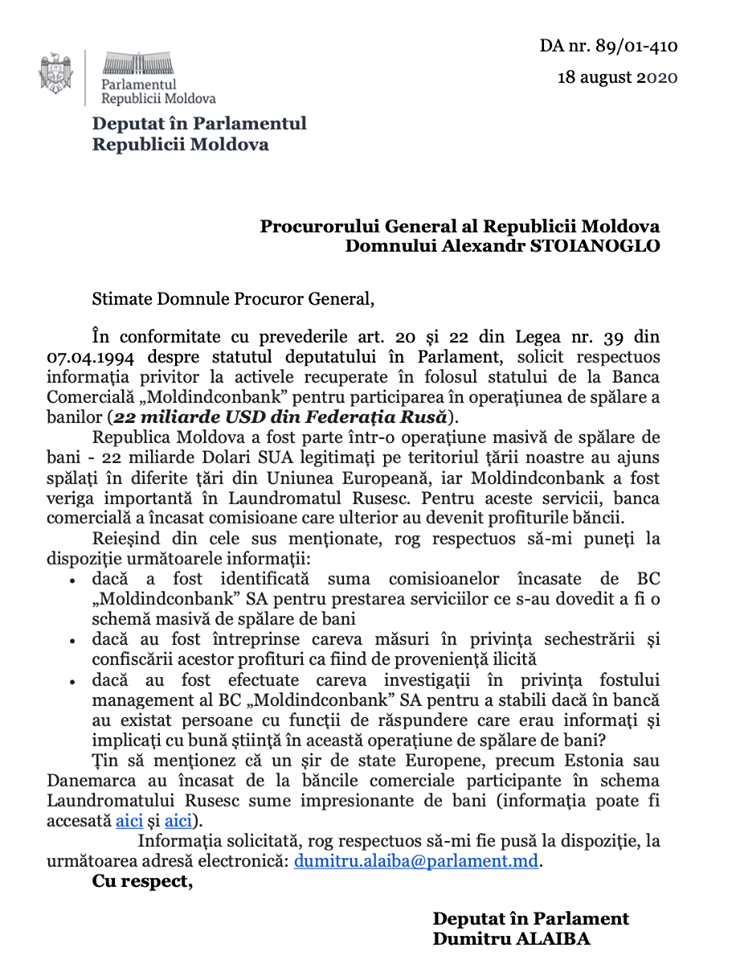 Adresarea deputatului PAS Dumitru Alaiba către Procuratura Generală (facebook.com / Dumitru Alaiba)