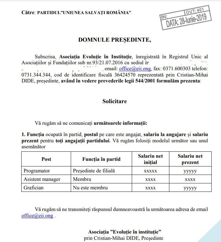 Datele solicitate de Evolutie in Institutie USR-ului (Epoch Times)