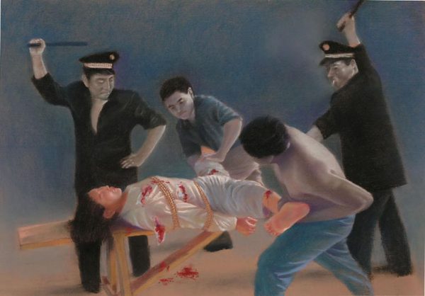 Violul ca tortură. O ilustrare a uneia dintre metodele de tortură  sexuală folosite de oficialii Partidului Comunist Chinez pentru a  constrânge practicantele Falun Gong să renunţe la credinţa lor. (Minghui.org)
