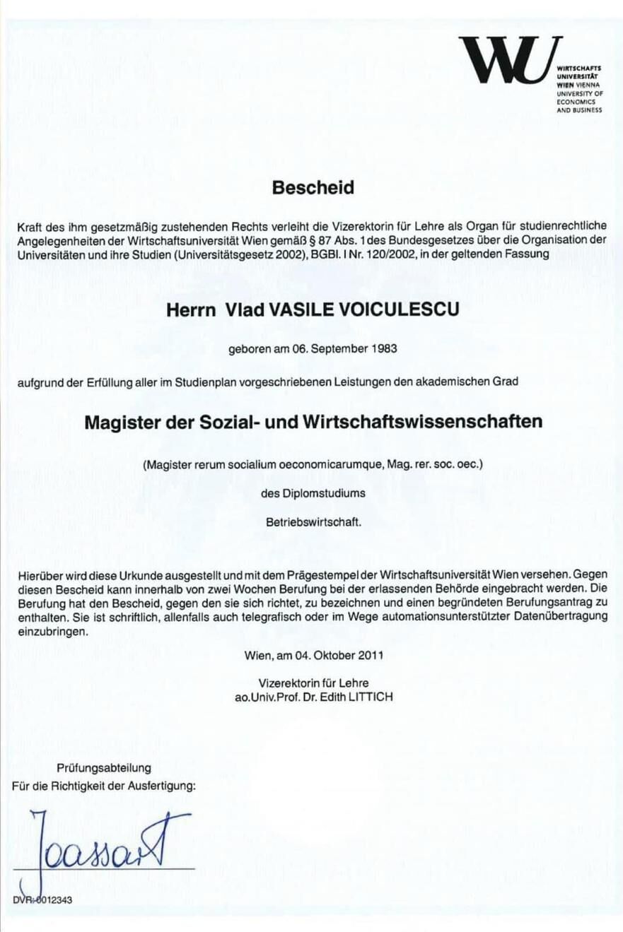 Diploma de studii a lui Vlad Voiculescu (Facebook - Vlad Voiculescu)