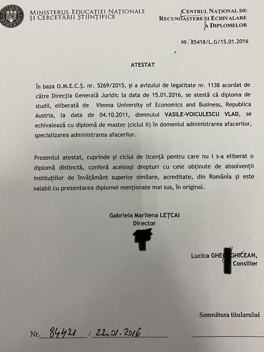 Atestatul privind echivalarea diplomei de studii din Viena a lui Vlad Voiculescu (Facebook - Vlad Voiculescu)