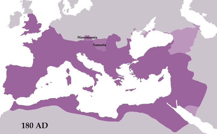 Harta Imperiului Roman la sfârşitul domniei lui Marcus Aurelius, în 180 dCr. (wikipedia.org)