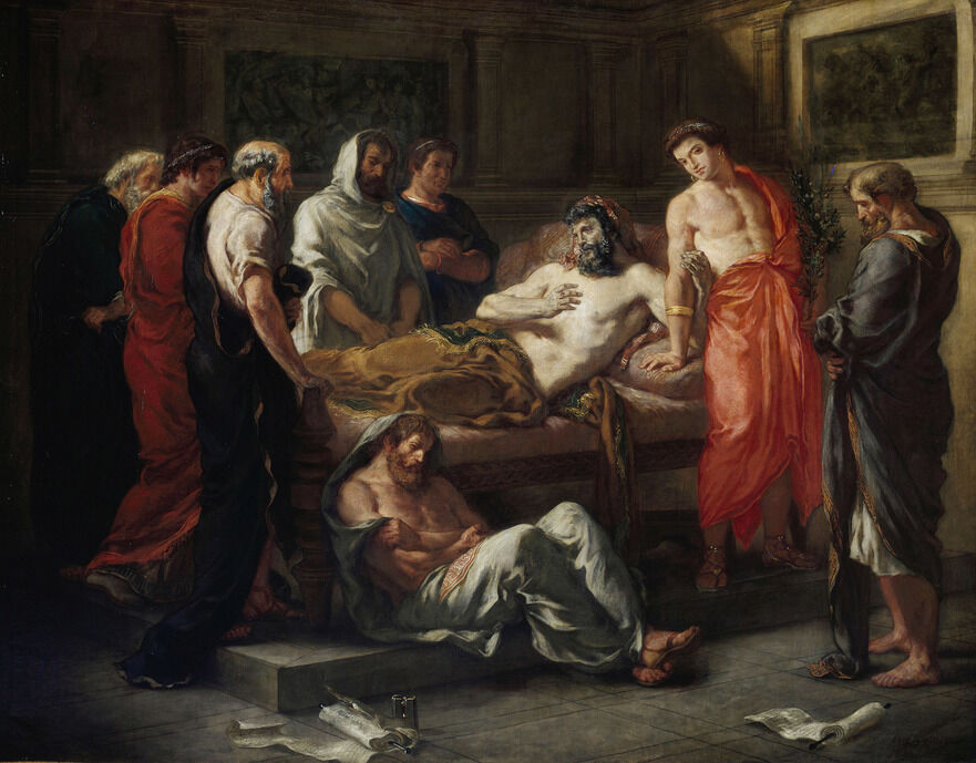 „Ultimele cuvinte ale împăratului Marcus Aurelius” pictură de Eugene Delacroix (1844). Muzeul de arte frumoase din Lyon. (wikipedia.org)