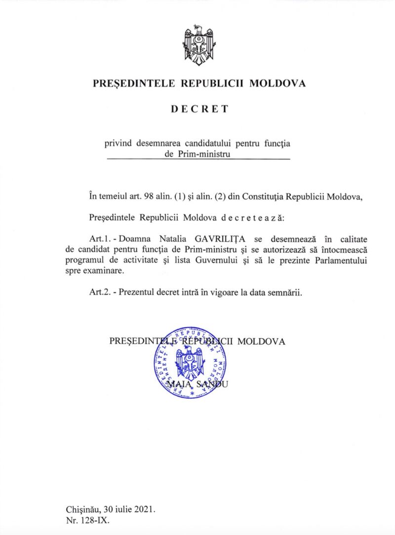 Decretul de desemnare a Nataliei Gavriliţa la funcţia de prim-ministru (presedinte.md)