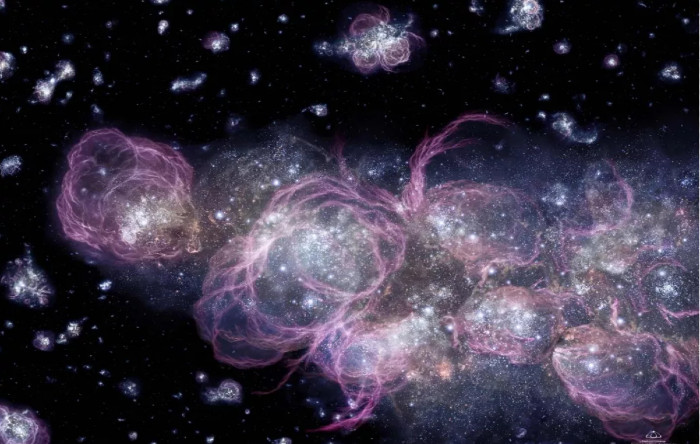 O impresie artistică a universului timpuriu în momentul exploziei hipernovei
