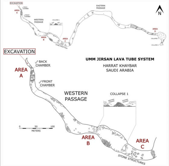 Plan simplu al sistemului de tuburi de lavă din Umm Jirsan (Survey by MA Al-Shanti, JJ Pint, and M Moheisen. Map by MA Al-Shanti and JJ Pint)