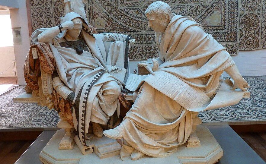 Nero şi Seneca - grup statuar realizat de Eduardo Barron Gonzales în 1904. Muzeul din Zamora, Spania. (wikipedia.org)